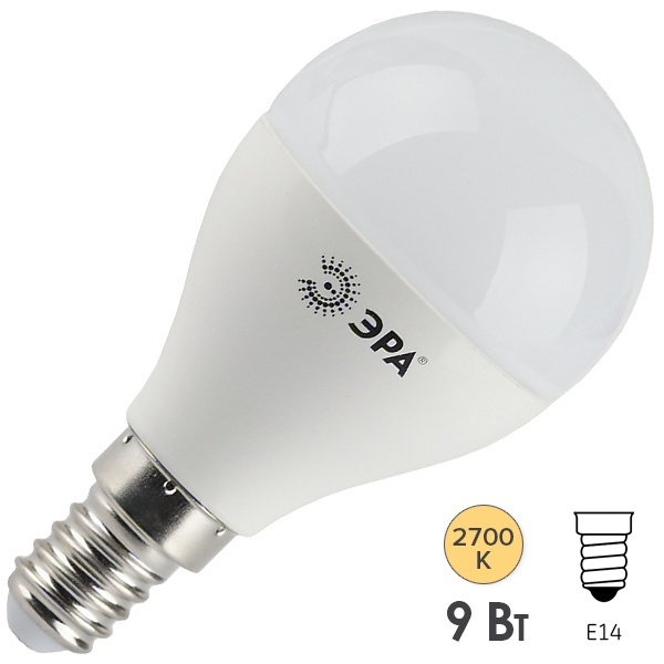 Лампа светодиодная шарик ЭРА LED P45 9W/827 2700K E14 теплый свет
