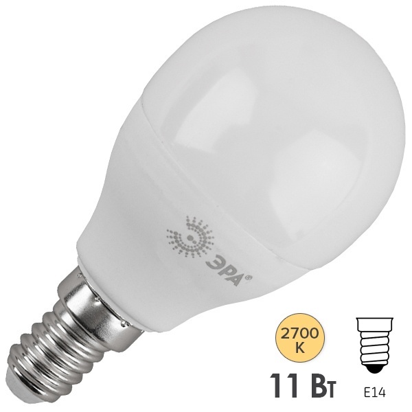 Лампа светодиодная шарик ЭРА LED P45 11W/827 2700K E14 теплый свет