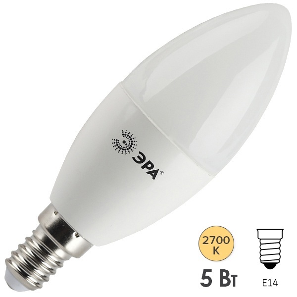 Лампа светодиодная свеча ЭРА LED B35 5W/827 2700K 220V E14 теплый свет