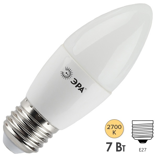 Лампа светодиодная свеча ЭРА LED B35 7W 827 2700K 220V E27 теплый свет