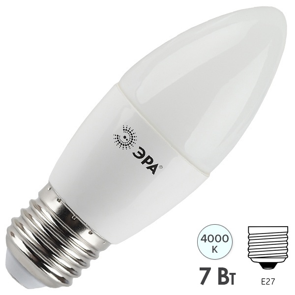 Лампа светодиодная свеча ЭРА LED B35 7W 840 4000K 220V E27 холодный свет