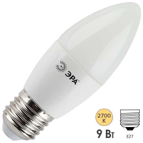 Лампа светодиодная свеча ЭРА LED B35 9W 827 2700K 220V E27 теплый свет