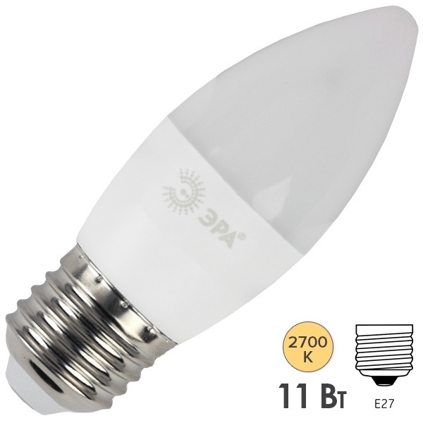 Лампа светодиодная свеча ЭРА LED B35 11W 827 2700K 220V E27 теплый свет