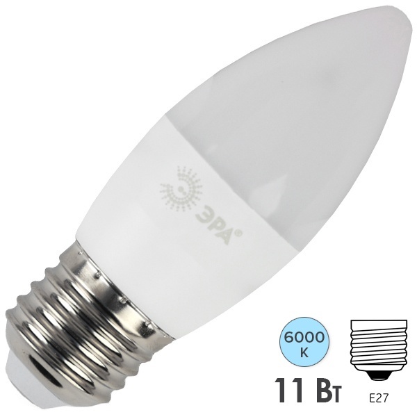 Лампа светодиодная свеча ЭРА LED B35 11W 860 6000K 220V E27 дневной свет