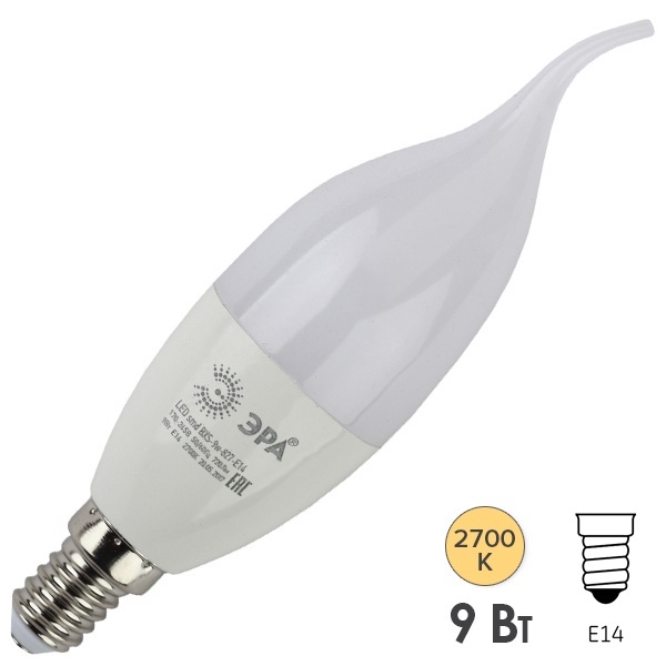 Лампа светодиодная свеча на ветру ЭРА LED BXS 9W/827 E14 теплый свет 576740