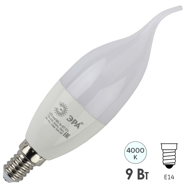 Лампа светодиодная свеча на ветру ЭРА LED BXS 9W/840 E14 белый свет 576757