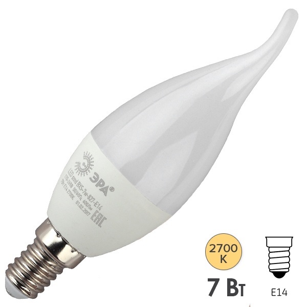 Лампа светодиодная свеча на ветру ЭРА LED BXS 7W/827 E14 теплый свет 604700