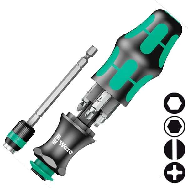 Отвертка Wera с битодержателем Rapidaptor + 6 бит в ручке с сумкой Kraftform Kompakt 25