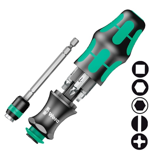 Отвертка Wera с битодержателем Rapidaptor + 6 бит в ручке с сумкой Kraftform Kompakt 26