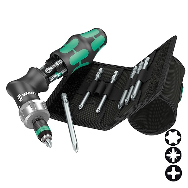 Отвертка Wera с трещоткой и патроном Rapidaptor + 12 бит с сумкой Kraftform Kompakt Pistol RA