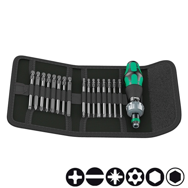 Отвертка Wera с трещоткой и патроном Rapidaptor + 16 бит в сумке Kraftform Kompakt 60 RA