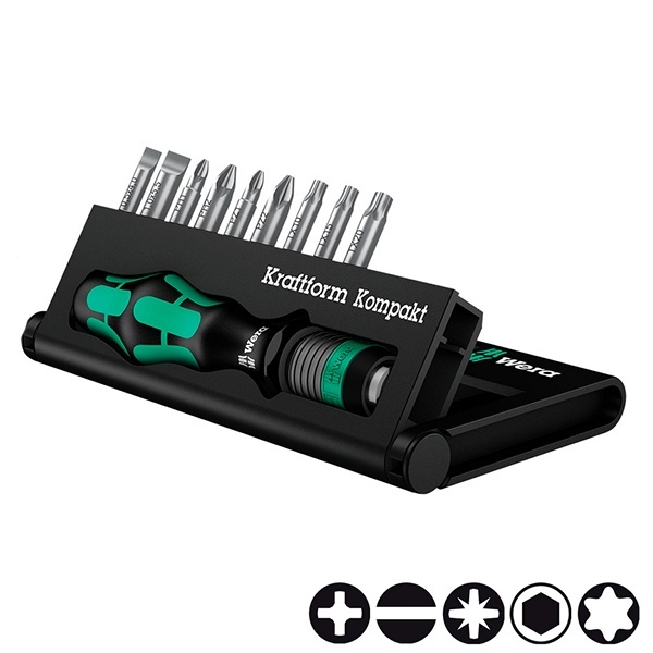 Ручка-держатель Wera Kraftform Kompakt 10, с набором бит (9 шт) с шестигранным хвостовиком 1/4 дюйма