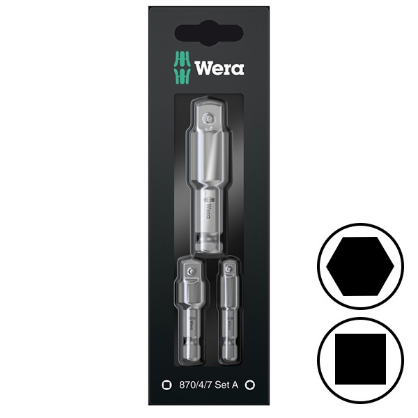 Набор переходников Wera с шестигранника 1/4 дюйма на квадраты 1/4, 3/8, 1/2 дюйма 870/4/7 A SB