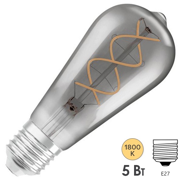 Лампа филаментная капля Osram Vintage 1906 CL Edison Smoke 15 4W/818 E27 140Lm спираль D140x64mm