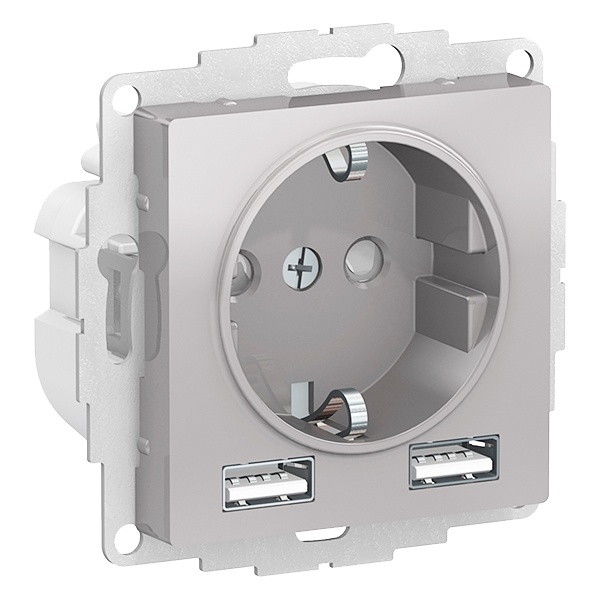 Зарядка розетка SE AtlasDesign с/з 16А + USB A+A 5В/2,4А, 2х5В/1,2А, алюминий