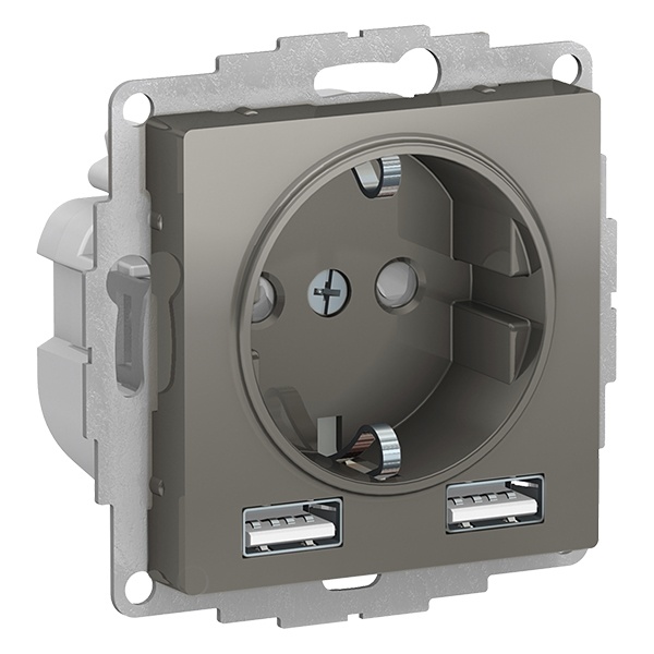 Зарядка розетка SE AtlasDesign с/з 16А + USB A+A 5В/2,4А, 2х5В/1,2А, сталь