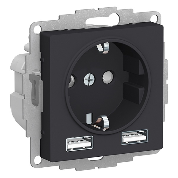 Зарядка розетка SE AtlasDesign с/з 16А + USB A+A 5В/2,4А, 2х5В/1,2А, карбон