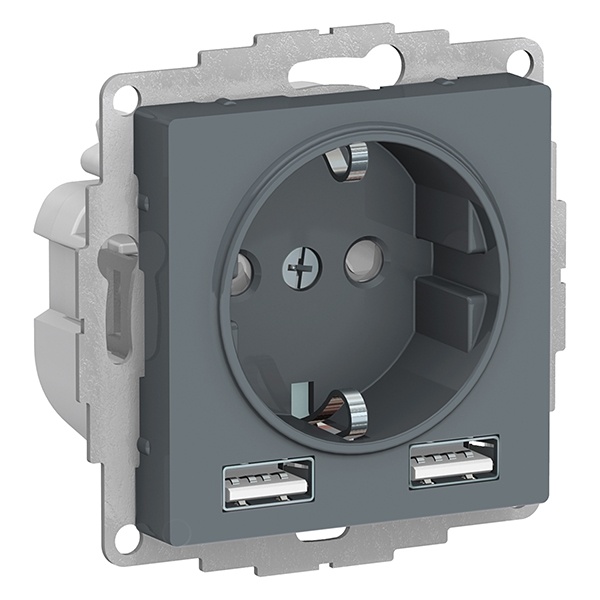 Зарядка розетка SE AtlasDesign с/з 16А + USB A+A 5В/2,4А, 2х5В/1,2А, грифель