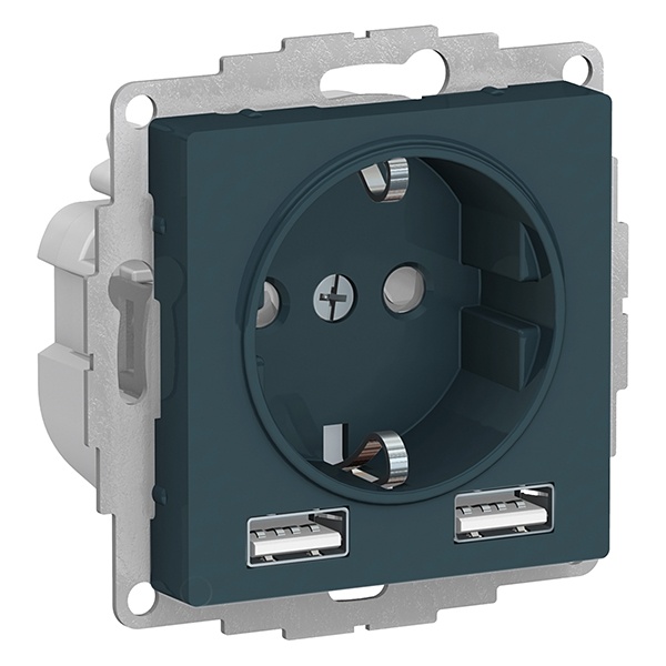Зарядка розетка SE AtlasDesign с/з 16А + USB A+A 5В/2,4А, 2х5В/1,2А, изумруд