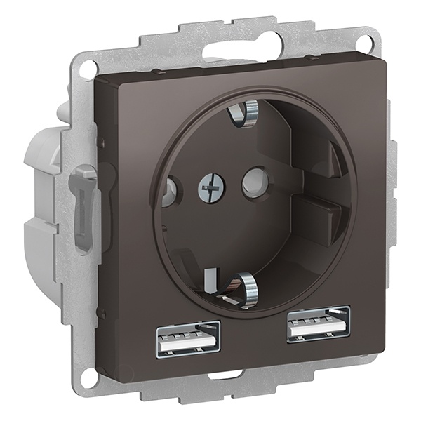 Зарядка розетка SE AtlasDesign с/з 16А + USB A+A 5В/2,4А, 2х5В/1,2А, мокко