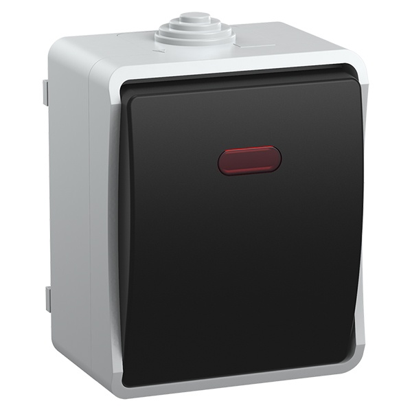 Переключатель одноклавишный с индикацией для открытой установки ИЭК ФОРС ВС20-1-1-ФСр IP54 серый