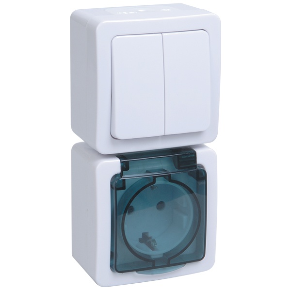 Выключатель 2-клавишный+розетка 2П+3 открытой установки ИЭК Гермес Plus БВб-22-32-ГПБд IP54 белый