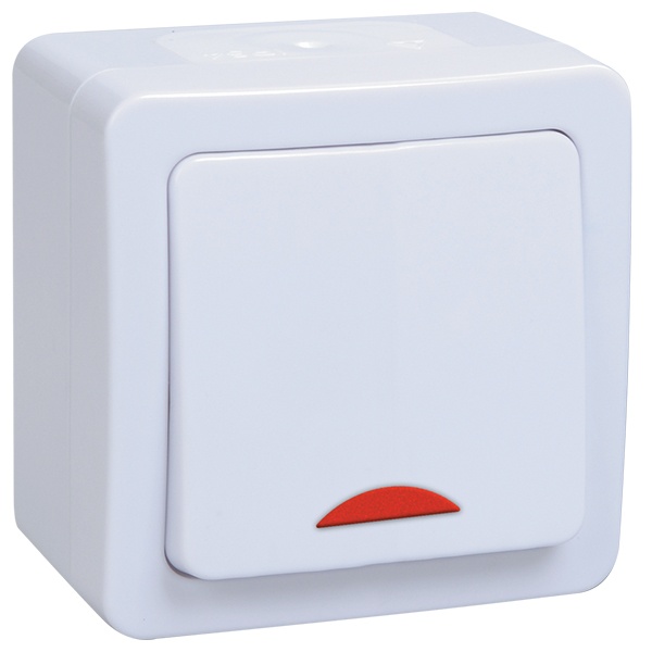 Выключатель одноклавишный с индикацией открытой установки ИЭК Гермес Plus ВС20-1-1-ГПБ IP54 белый