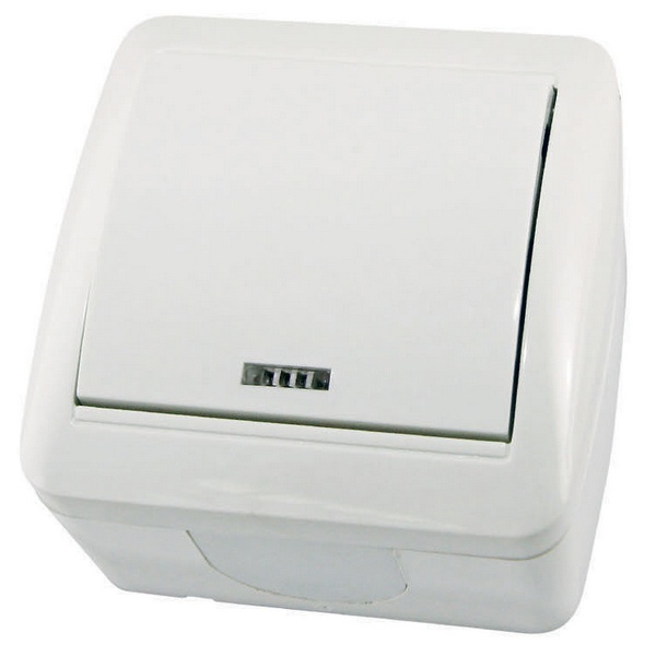 Выключатель одноклавишный TDM открытой установки Селигер с подсветкой 10А IP44 белый