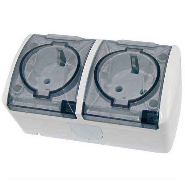 Розетка двойная TDM 2П+3 открытой установки Селигер с прозрачной крышкой 16А IP54 белый