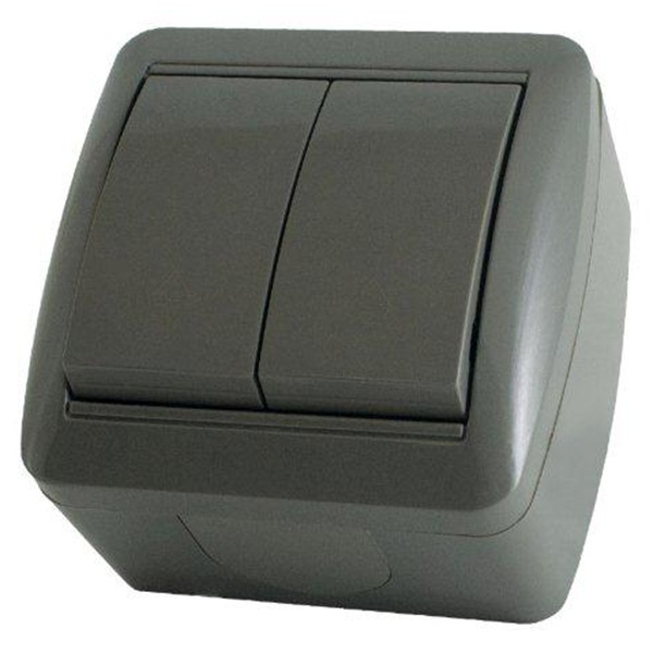 Выключатель двухклавишный TDM открытой установки Селигер 10А IP44 серый