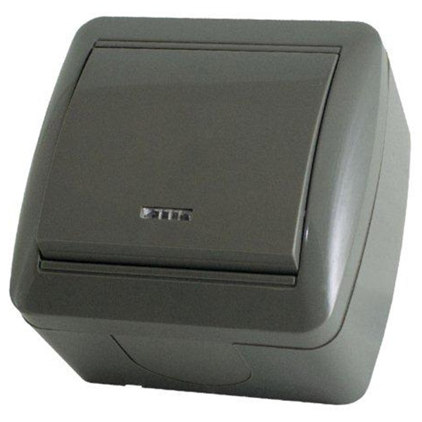 Выключатель одноклавишный TDM открытой установки Селигер с подсветкой 10А IP44 серый