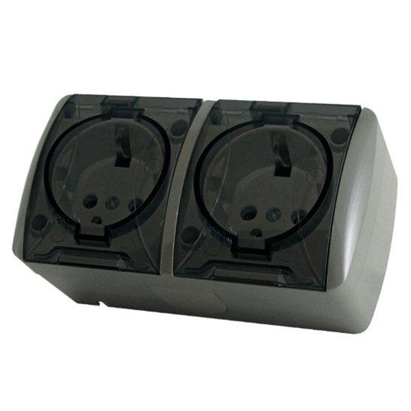 Розетка двойная TDM 2П+3 открытой установки Селигер с прозрачной крышкой 16А IP54 серый