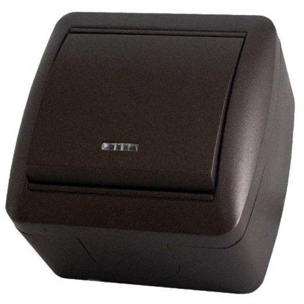 Выключатель одноклавишный TDM открытой установки Селигер с подсветкой 10А IP44 шоколад