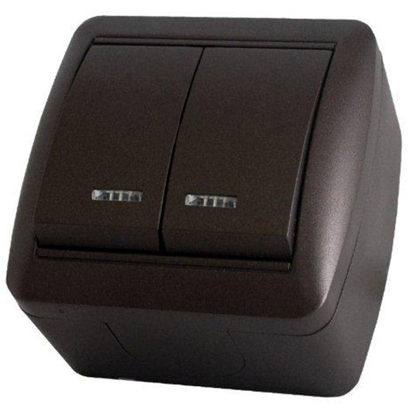 Выключатель двухклавишный TDM открытой установки Селигер с подсветкой 10А IP44 шоколад