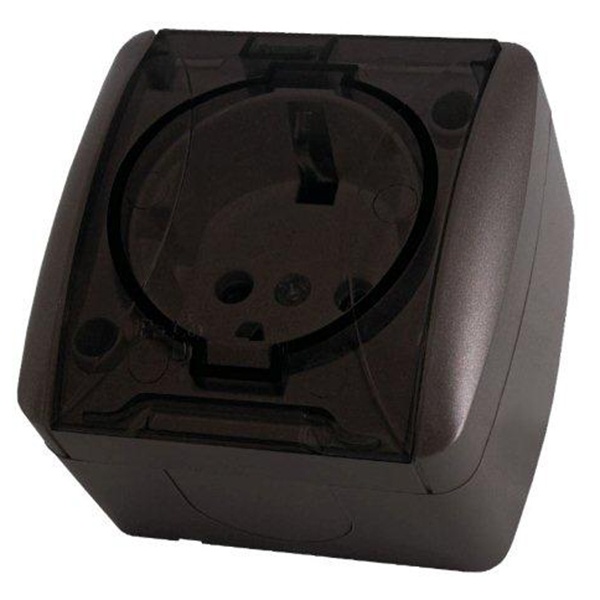 Розетка TDM 2П+3 открытой установки Селигер с прозрачной крышкой 16А IP54 шоколад