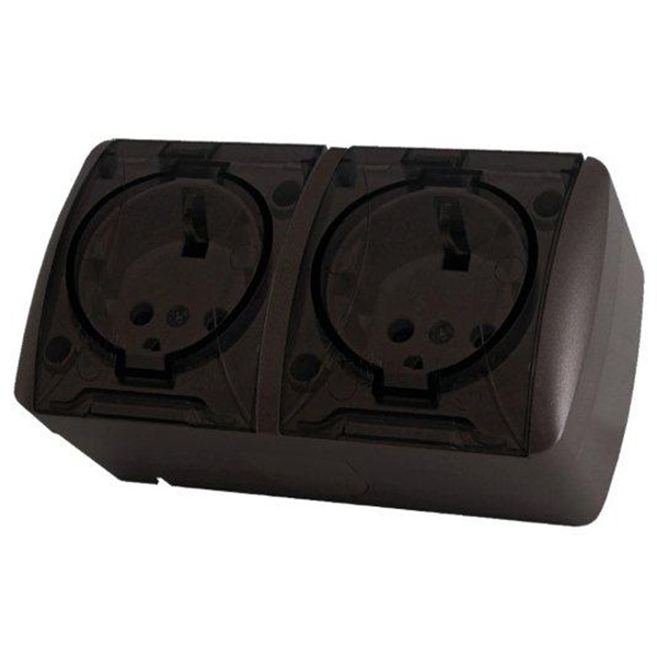 Розетка двойная TDM 2П+3 открытой установки Селигер с прозрачной крышкой 16А IP54 шоколад