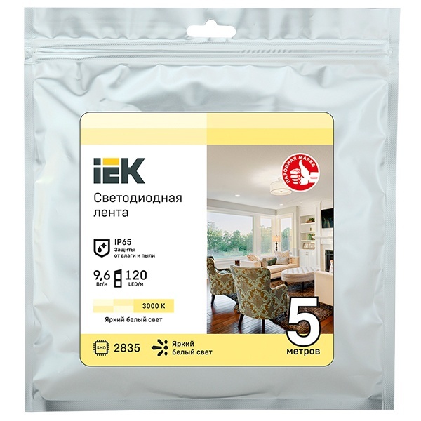 Лента ИЭК LED 5м LSR-2835WW120-9,6-IP65-12В теплый белый