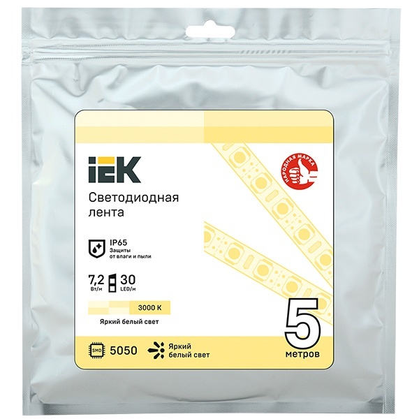 Лента ИЭК LED 5м LSR-5050WW30-7,2-IP65-12В теплый белый