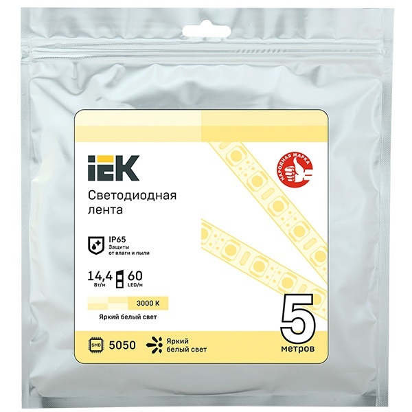 Лента ИЭК LED 5м LSR-5050WW60-14,4-IP65-12В теплый белый