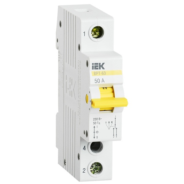 Рубильник реверсивный модульный ИЭК ВРТ-63 1P 50А трехпозиционный однофазный (выключатель нагрузки)