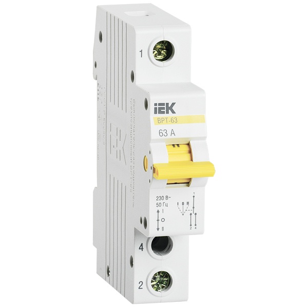 Рубильник реверсивный модульный ИЭК ВРТ-63 1P 63А трехпозиционный однофазный (выключатель нагрузки)