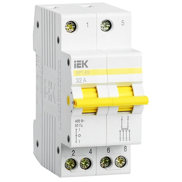 Рубильник реверсивный модульный ИЭК ВРТ-63 2P 32А трехпозиционный однофазный (выключатель нагрузки)