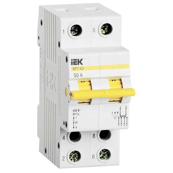 Рубильник реверсивный модульный ИЭК ВРТ-63 2P 50А трехпозиционный однофазный (выключатель нагрузки)