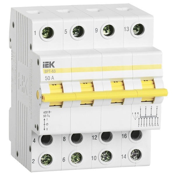 Рубильник реверсивный модульный ИЭК ВРТ-63 4P 50А трехпозиционный трехфазный (выключатель нагрузки)