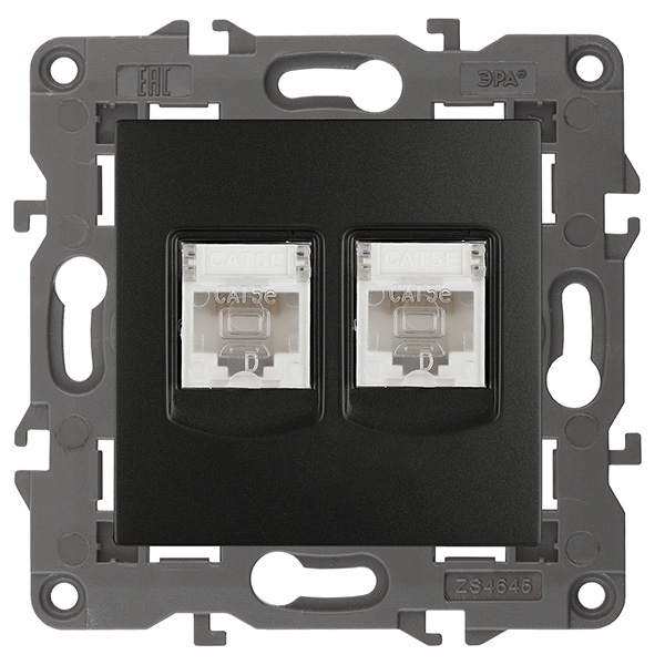 Розетка ЭРА 2хRJ45 кат.5е IP20 Elegance антрацит 14-3108-05