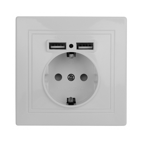 Розетка Intro 2P+E Schuko со шторками 16А 250В + 2хUSB 5В-2,1А Plano, белый 1-410-01