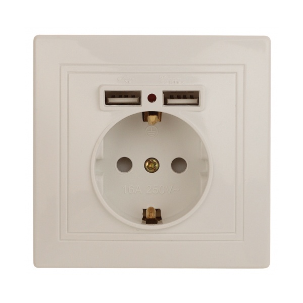 Розетка Intro 2P+E Schuko со шторками 16А 250В + 2хUSB 5В-2,1А Plano, слоновая кость 1-410-02 (бежевый)