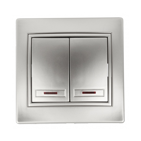 Выключатель двухклавишный с подсветкой Intro 10А 250В IP20 Plano, алюминий 1-105-03