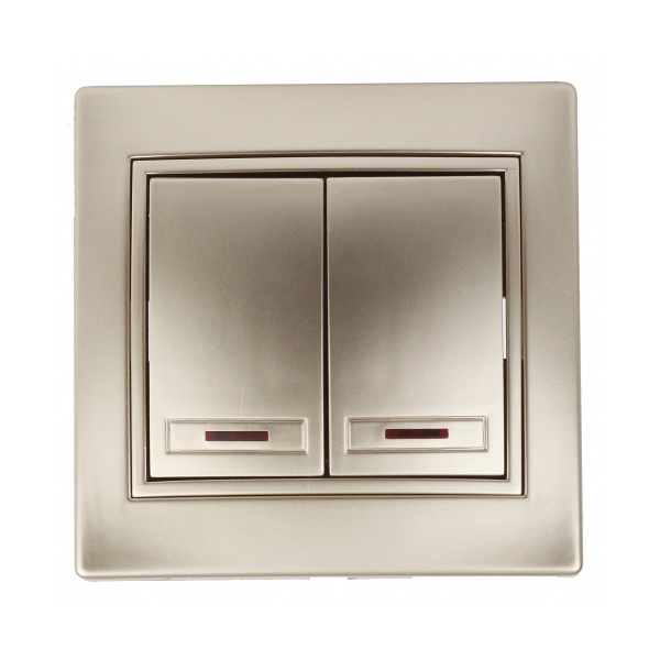 Выключатель двухклавишный с подсветкой Intro 10А 250В IP20 Plano, шампань 1-105-04