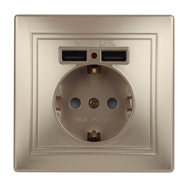 Розетка Intro 2P+E Schuko со шторками 16А 250В + 2хUSB 5В-2,1А Plano, шампань 1-410-04